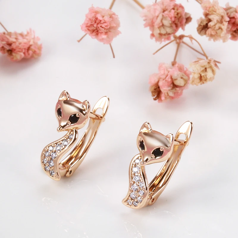 Korean Trend 585 Rose Gold Black White Zircon Earrings Cute Fox CZ Clip Earrings for Girls Party Piercing Fashion Fine Jewlery