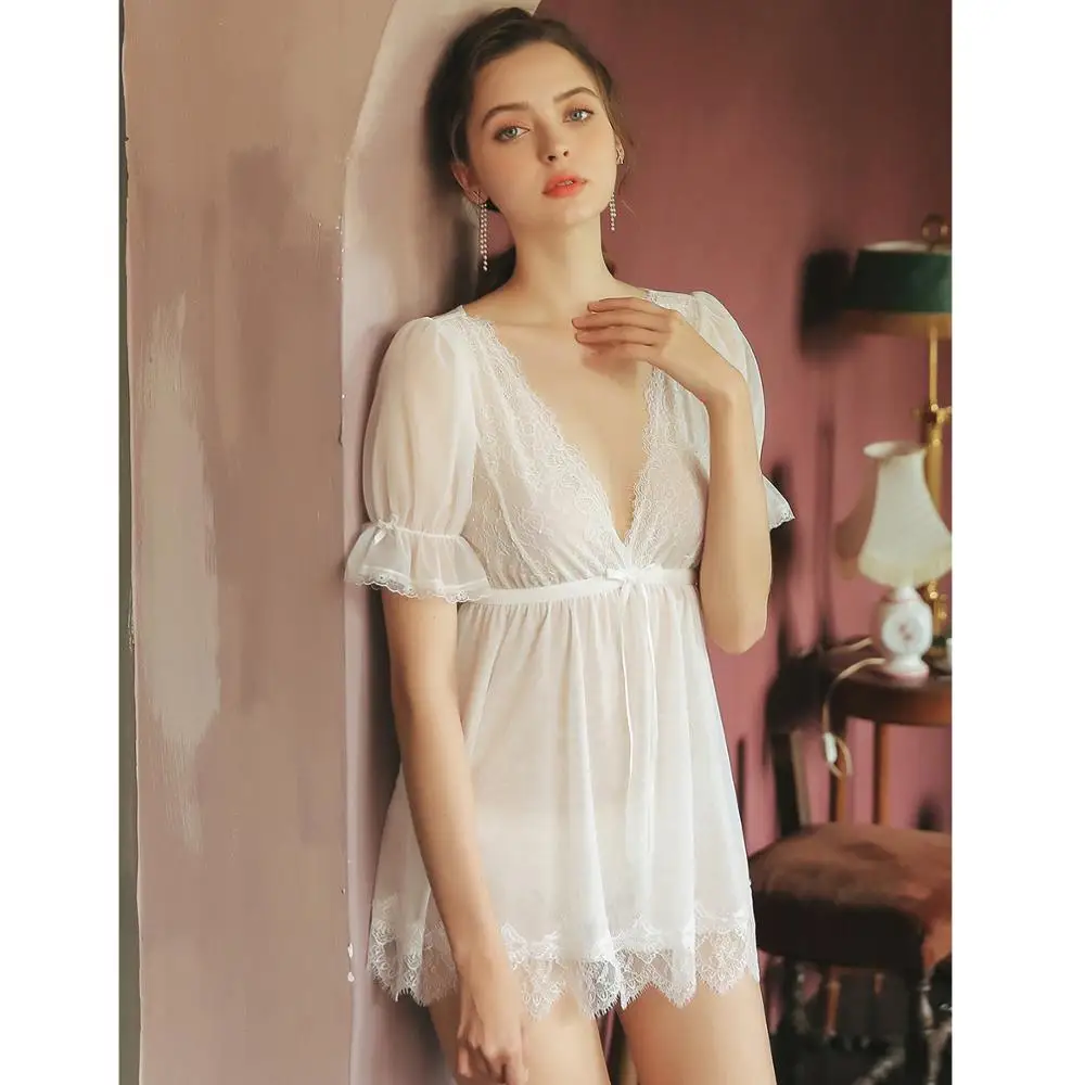 yhotmeng sexy nightdress Women sleepwear Breathable sexy big V-neck ladies summer thin net yarn lace princess palace style short