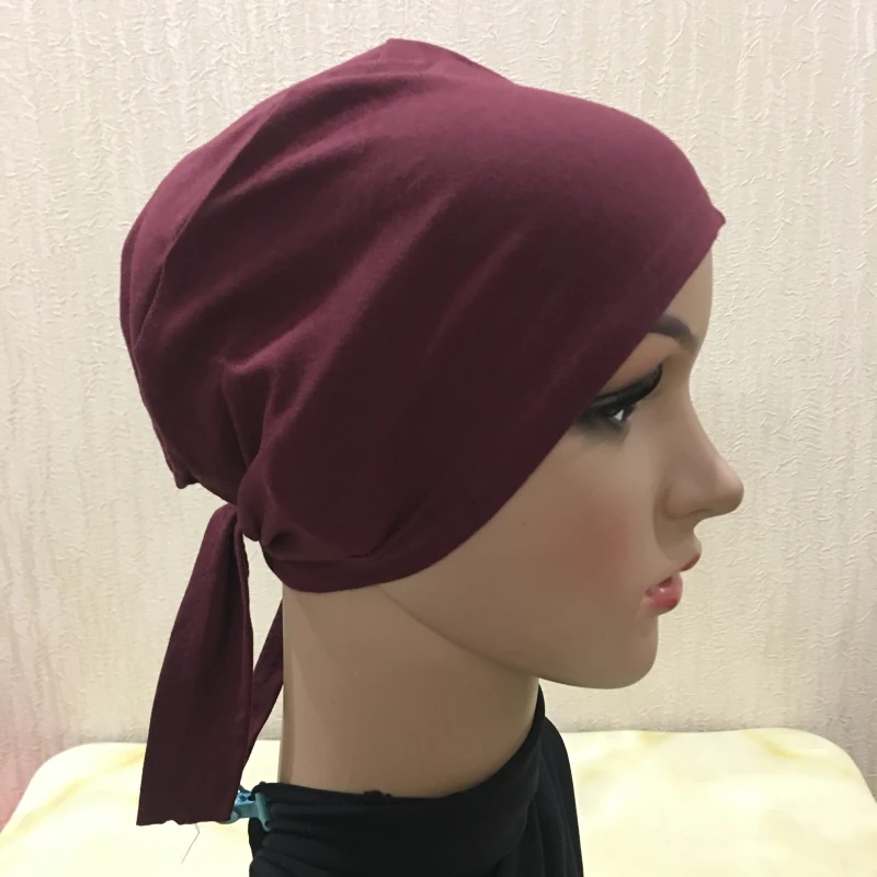 H048 Plain Cotton Tie Back Hats Muslim Turban Pure Color Stretch Inner Hijabs Underscarf Women Head Scarf Under Hijab Bonnet