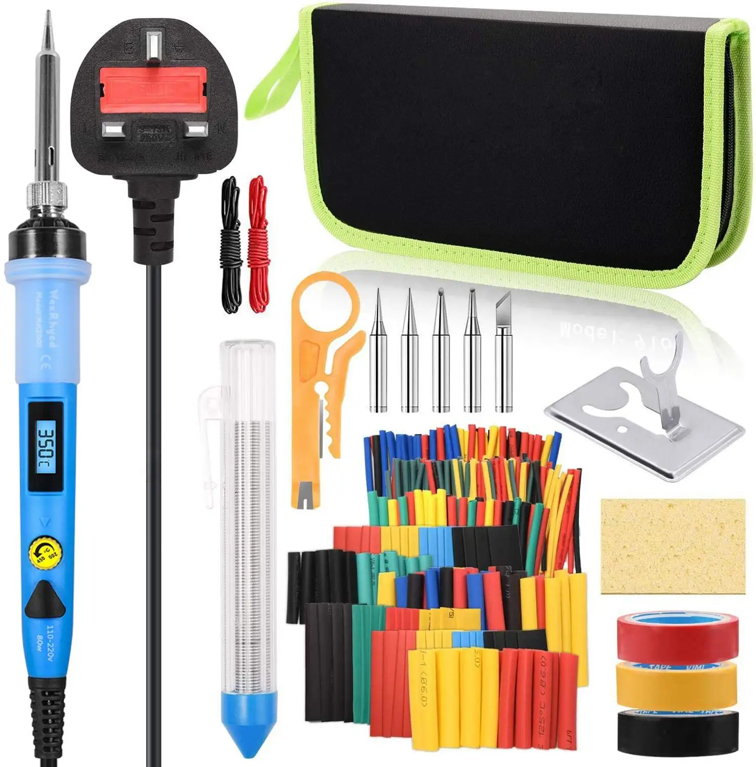 Adjustable Temperature,60W/80W Digital Soldering Iron kit, with 328pcs Heat Shrink Tubing, Insulating Tape, Welding iron tools