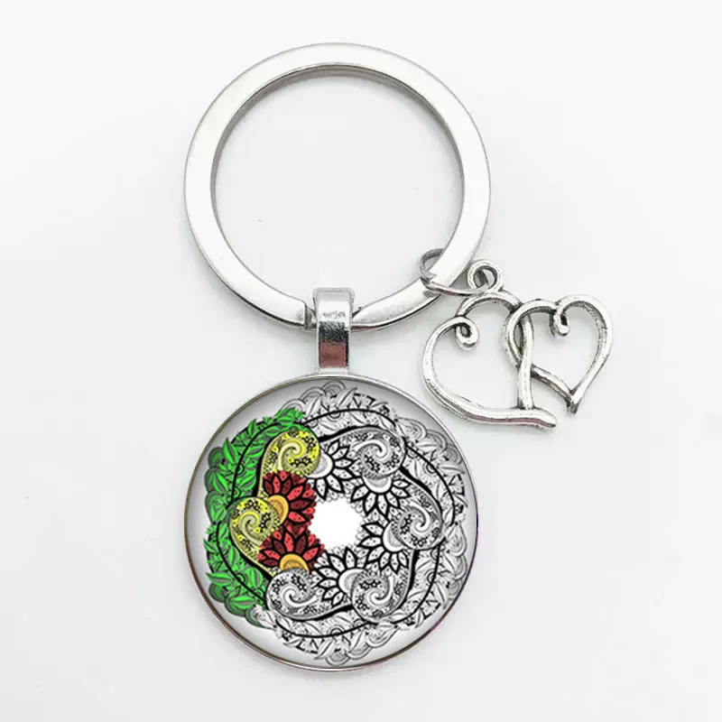 Hot Classic Retro Indian Yoga Mandala Flower Keychain Buddhist Chakra Pattern Key Ring Key Ring Chain Glass Cabochon Henna Jewel