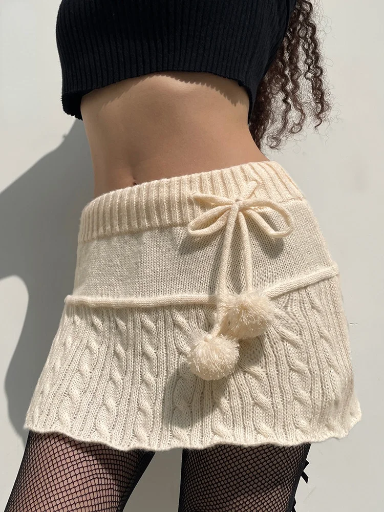 ALLUKASA Knitted Low Waist Y2K Short Skirt Preppy Style Cute Girl Streetwear Aesthetic Fairycore Drawstring Womens Skirts