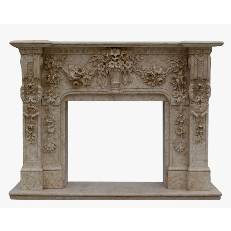 Carved Natural Stone Fireplace Mantel Frame with European style Marble Carving Chimneypiece