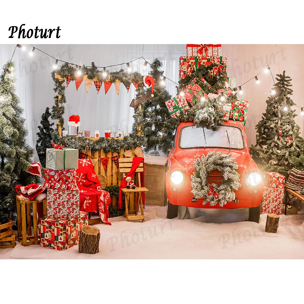 PHOTURT Weihnachten Dekoration Fotografie Hintergrund Cartoon Auto Hintergrund Geschenk Baum Vinyl Photo Booth Requisiten