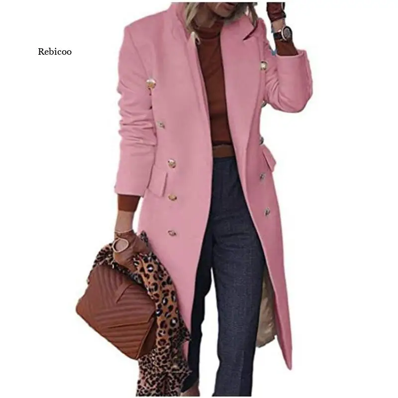 

Woolen Coat Women White Pink Khaki Lapel Fashion Slim Tops New Autumn Winter Temperament Long Blends Jacket