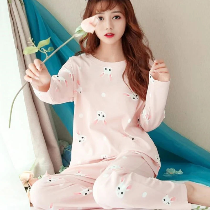 Ensemble de pyjama imprimé dessin animé à manches longues pour femmes, vêtements de nuit mignons, vêtements d\'intérieur fins, printemps, automne