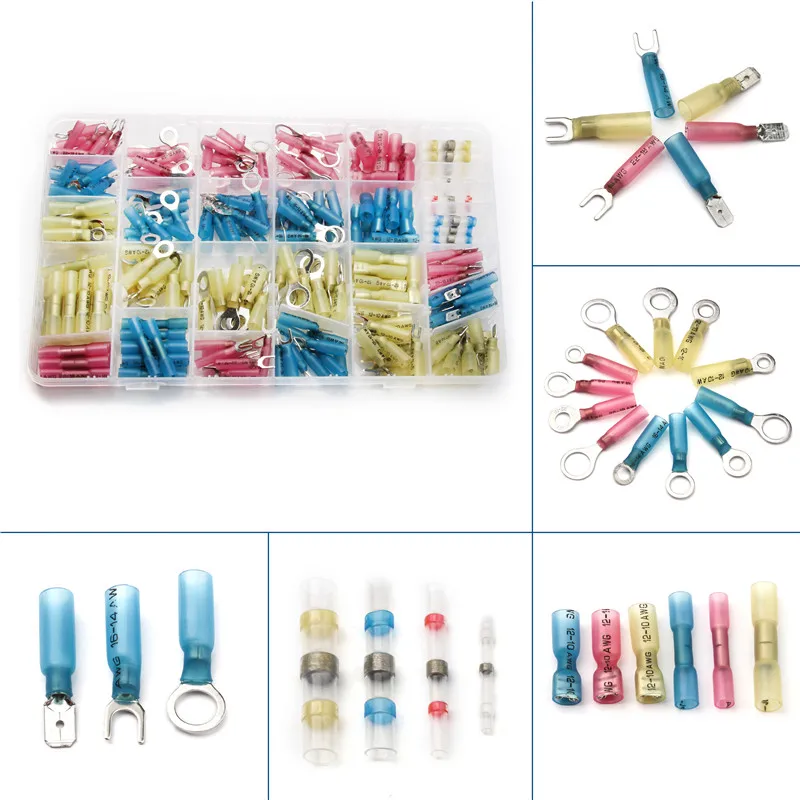 

260Pcs Assorted Solder Sleeve Wire Connectors Fork U-type Electrical Crimp Ring Spade Butt Splice AWG22-10 Crimp Terminal Kit