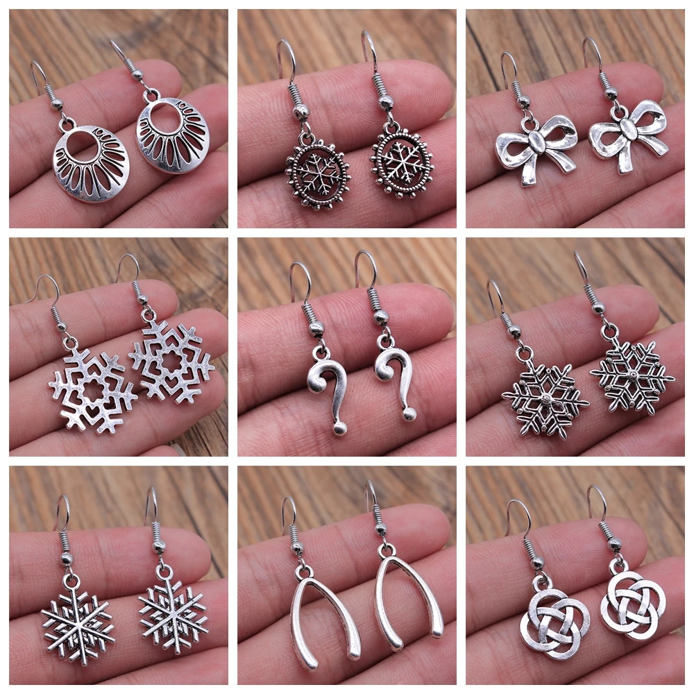 Geometric Shaped DNA Snowflake Bow Knot Infinity Dangle Earrings Vintage Antique Silver Color Earrings For Women Girl Gift