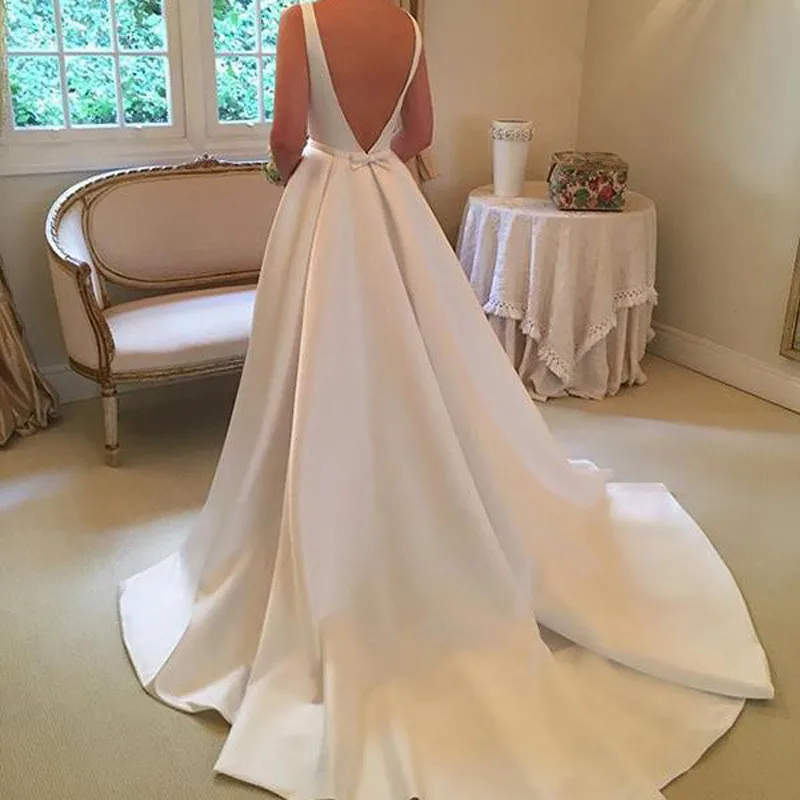 Robe de mariée en Satin sans manches, élégante, longueur au sol, avec poche, 2021