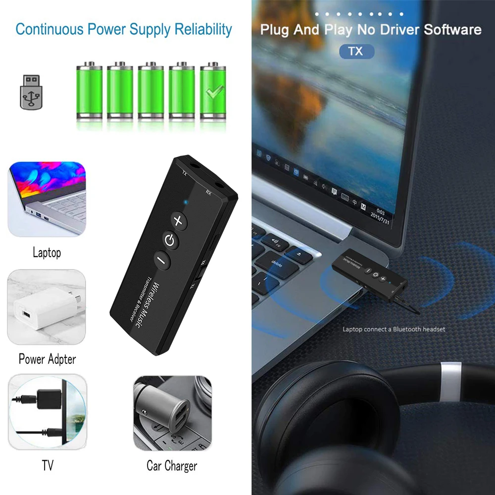 VAORLO-transmisor de Audio con Bluetooth 5,0, 3 en 1 Adaptador inalámbrico de 3,5 MM, AUX, USB, Dongle para el hogar, TV, PC, coche, auriculares