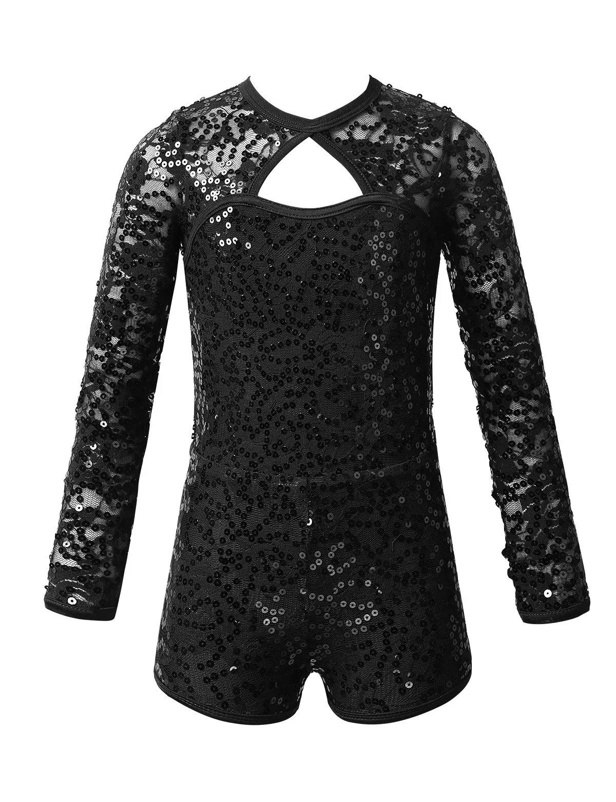 iEFiEL Kids Girls Floral Lace  Long Sleeves Shiny Sequins Keyhole Back Ballet Dance Gymnastics Leotard Jumpsuit Biketard Dress