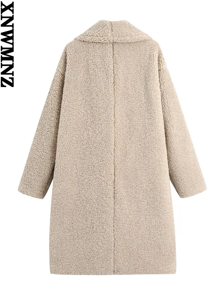 XNWMNZ long faux fur coat Women chic double breasted long sleeve lapel collar thick warm coats female vintage Teddy wool coat