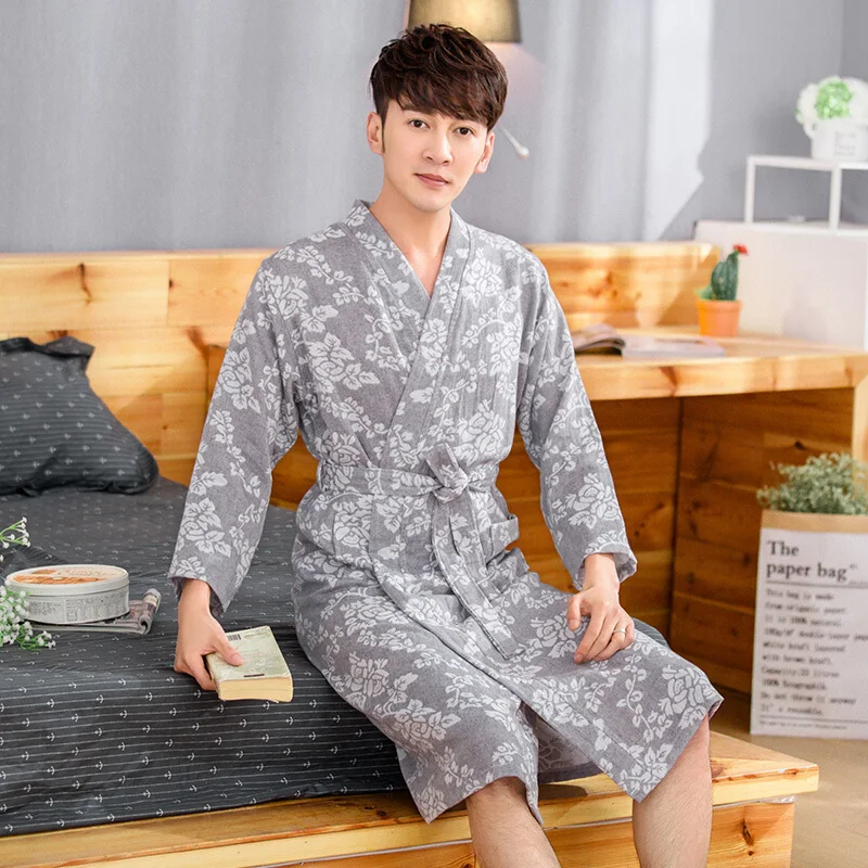 

Spring Fall New M-XXL 100% Cotton Nightgown Sexy Bath Robe For men Sleepwear Double deck Gauze Sleepshirts Women Home Bathrobe