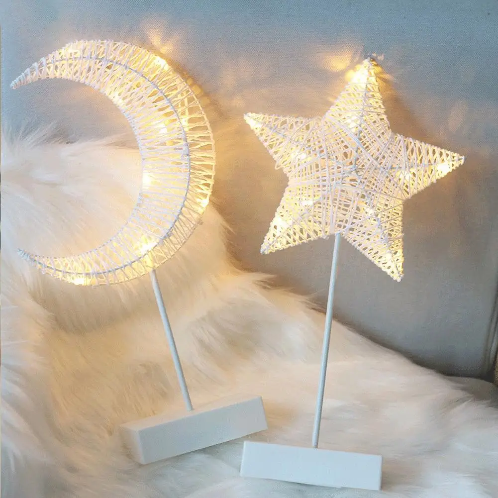 1 Pcs Night Light Christmas Star Moon Table Lamp Rattan Modeling LED Bedroom Desk Light Home Decoration