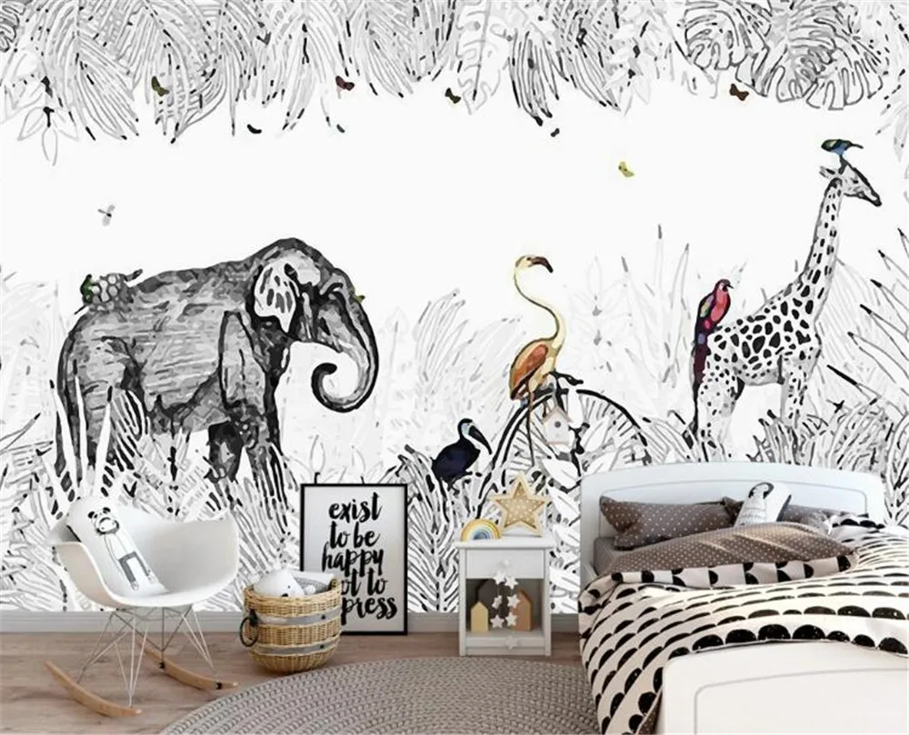 Bacal custom 3D simple hand-painted vintage elephant giraffe European 3d wallpaper mural TV background wall