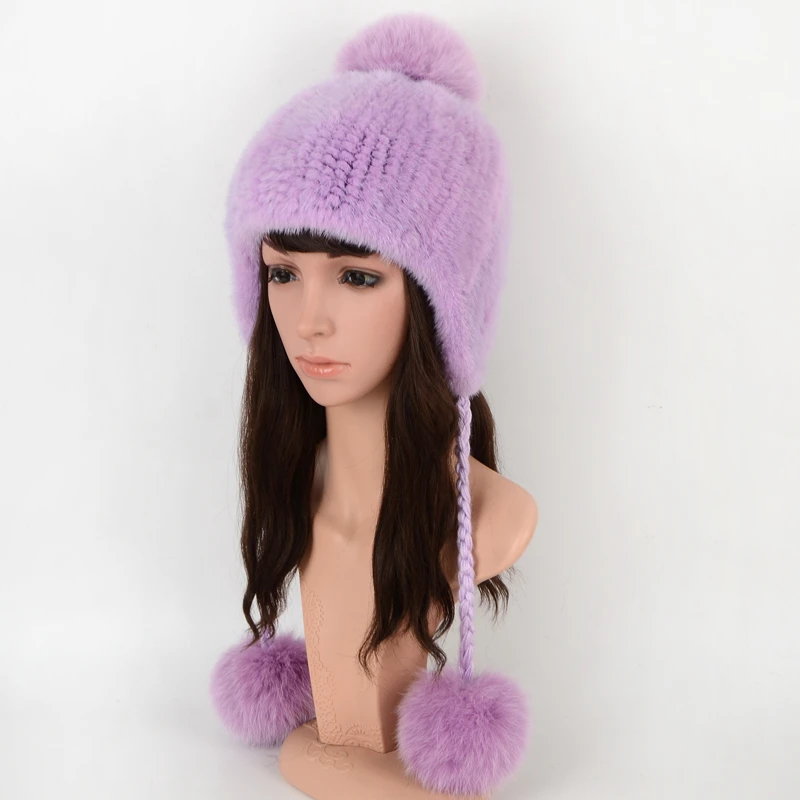 

Knitted Hats Real Mink Fur 2020 Autumn Winter Womens Earmuffs Women Knitted Hats Luxury Winter Lady Warm Caps Real Fur Fox Ball