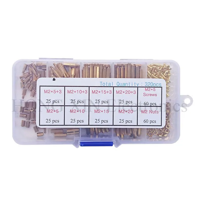 320pcs/Set  M2 Brass Hex Standoff Nut Screw Assortment kit Male Female Threaded Hollow Pillar Spacer Standoff