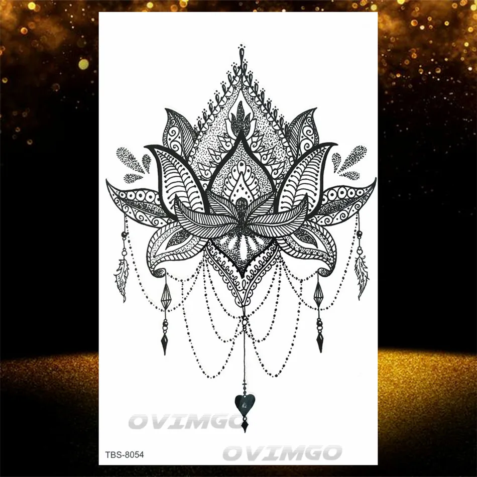 Henna  Lotus Temporary Tattoo For Women Fake Jewelry Chains Black Flower Body Art Abstract Tatoo Sticker Transfer Girl Tattoo