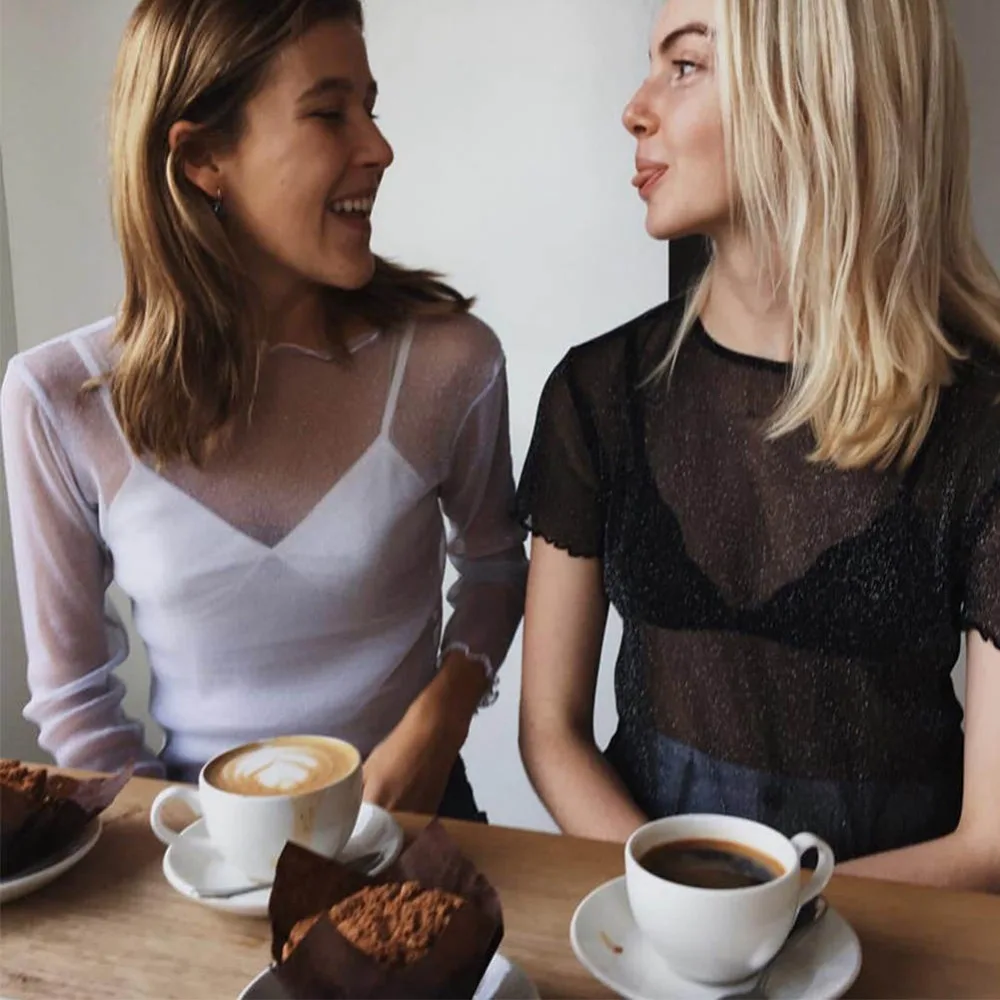 Sexy malha manga longa t camisa feminina 2023 verão transparente clube festa preto camisetas bonito fino o pescoço curto topos