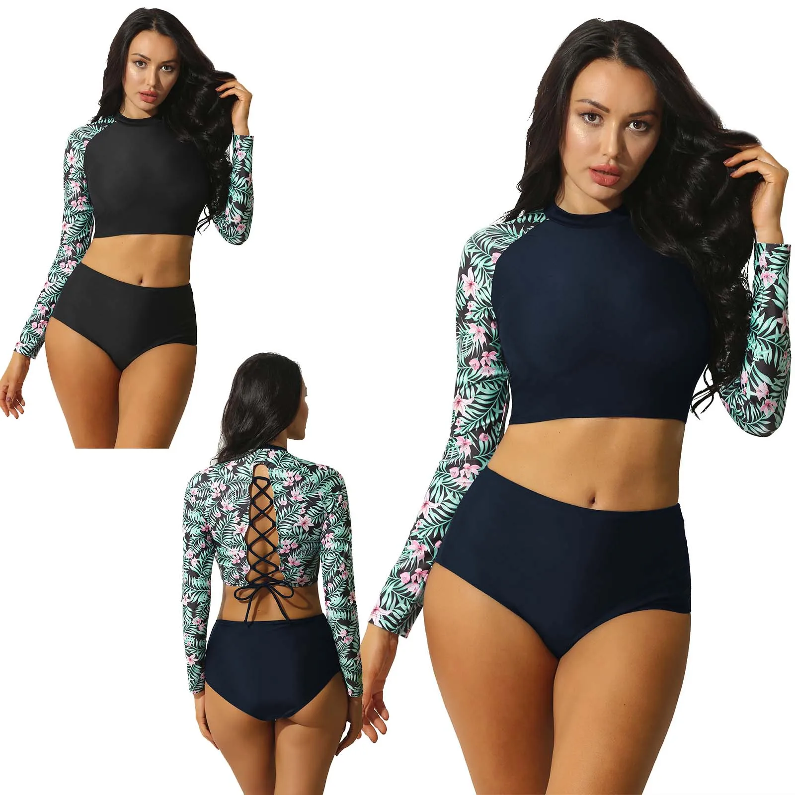Kobiety dwuczęściowy strój kąpielowy strój kąpielowy kwiatowy Print z długim rękawem wysypka straż krótki Top z Ruched trójkąt zestaw Tankini strój