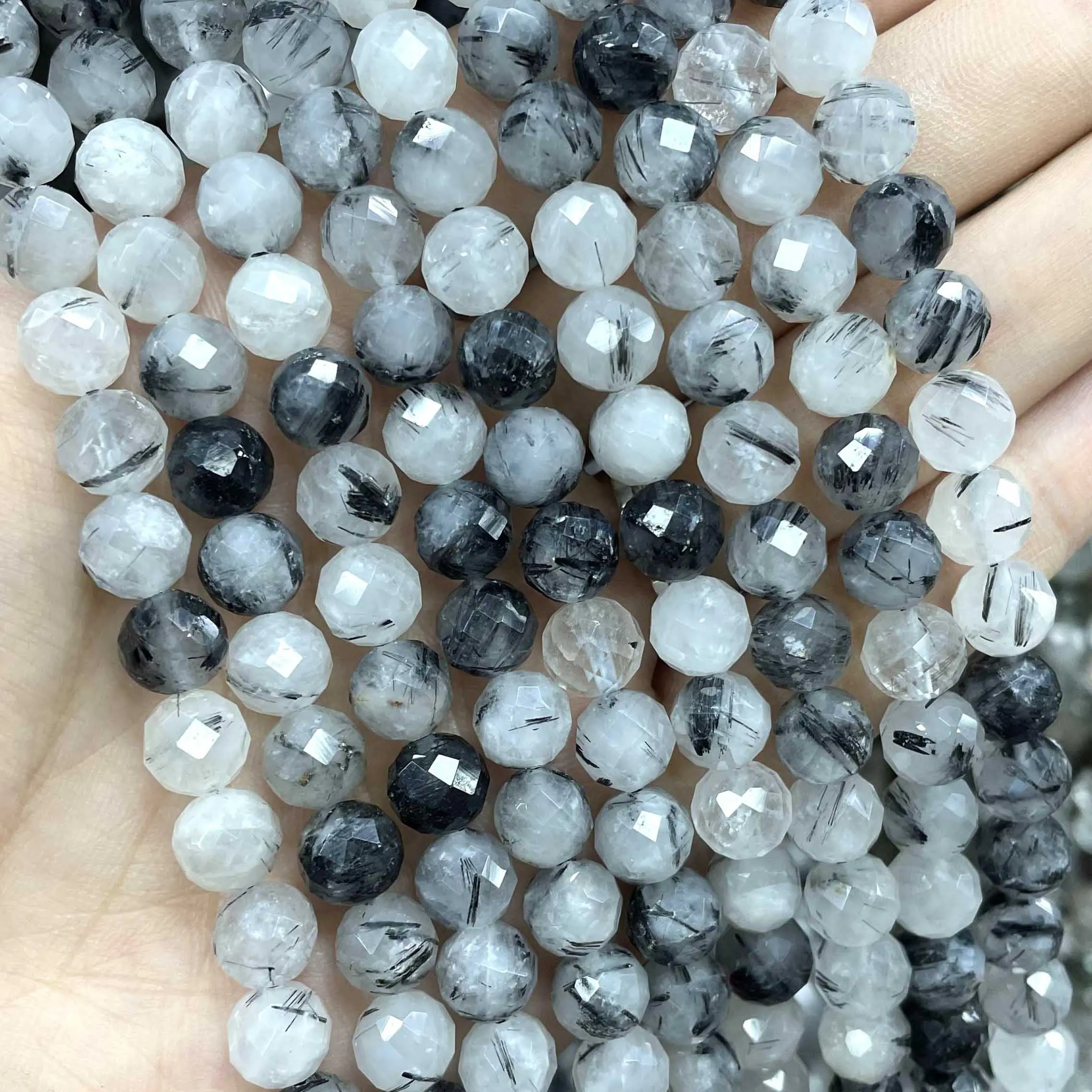 

6 8 10mm Natural Genuine Faceted Black Rutilated Quartz Loose Spacer Beads For Jewelry DIY Making Bracelet Necklace Accessories