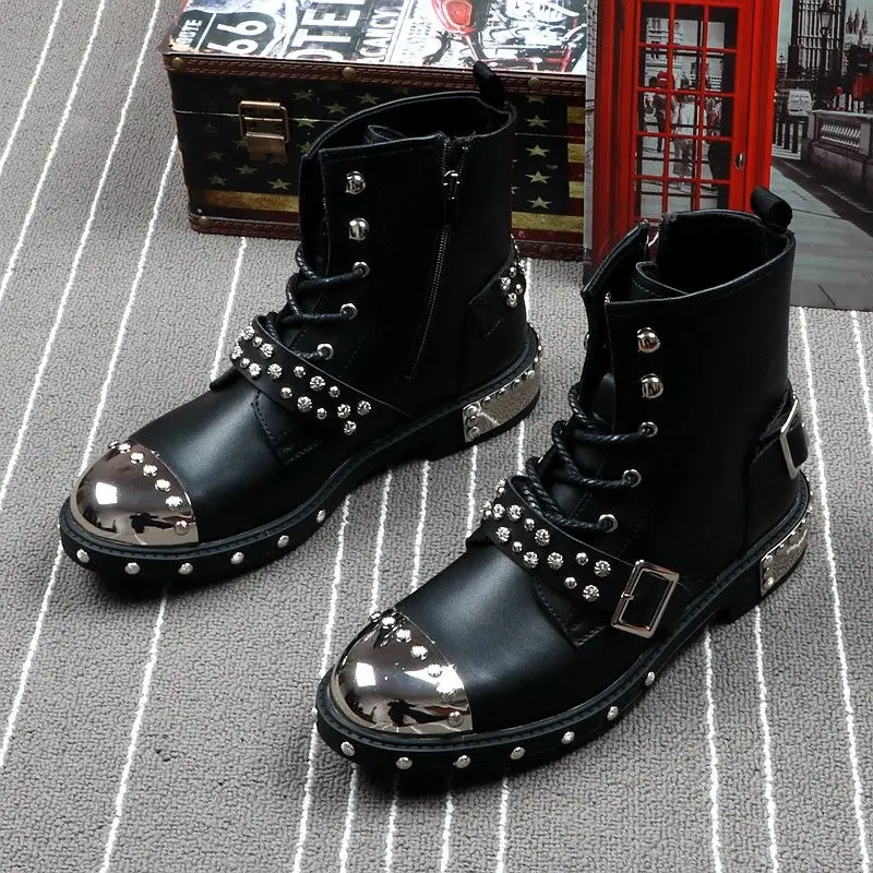 Punk Style Leather Boots Men\'s Short Metal Motorcycle Boots With high quality studded fashion gentleman\'s shoes