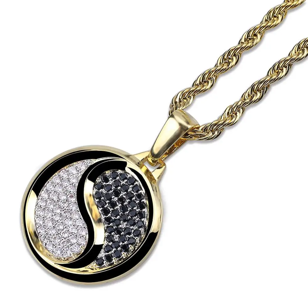 Hip Hop AAA CZ Zircon Paved Iced Out Bling Yin Yang Tai Chi Round Pendants Necklace for Men Rapper Jewelry Gold Silver Color