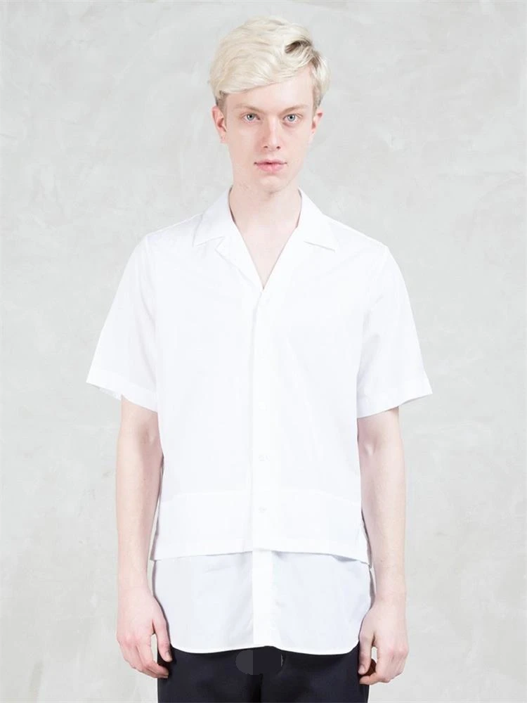 

Men's Short Sleeve Shirt Summer New Hair Stylist Pure White Lapel Fashionable Casual Hem False Two Layer Design Shirt