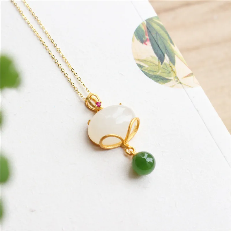 S925 Sterling Silver Gold-plated Natural Hetian Jade Oval Egg Noodle Necklace Pendant Fashion Simple Wild Elegant Female Models