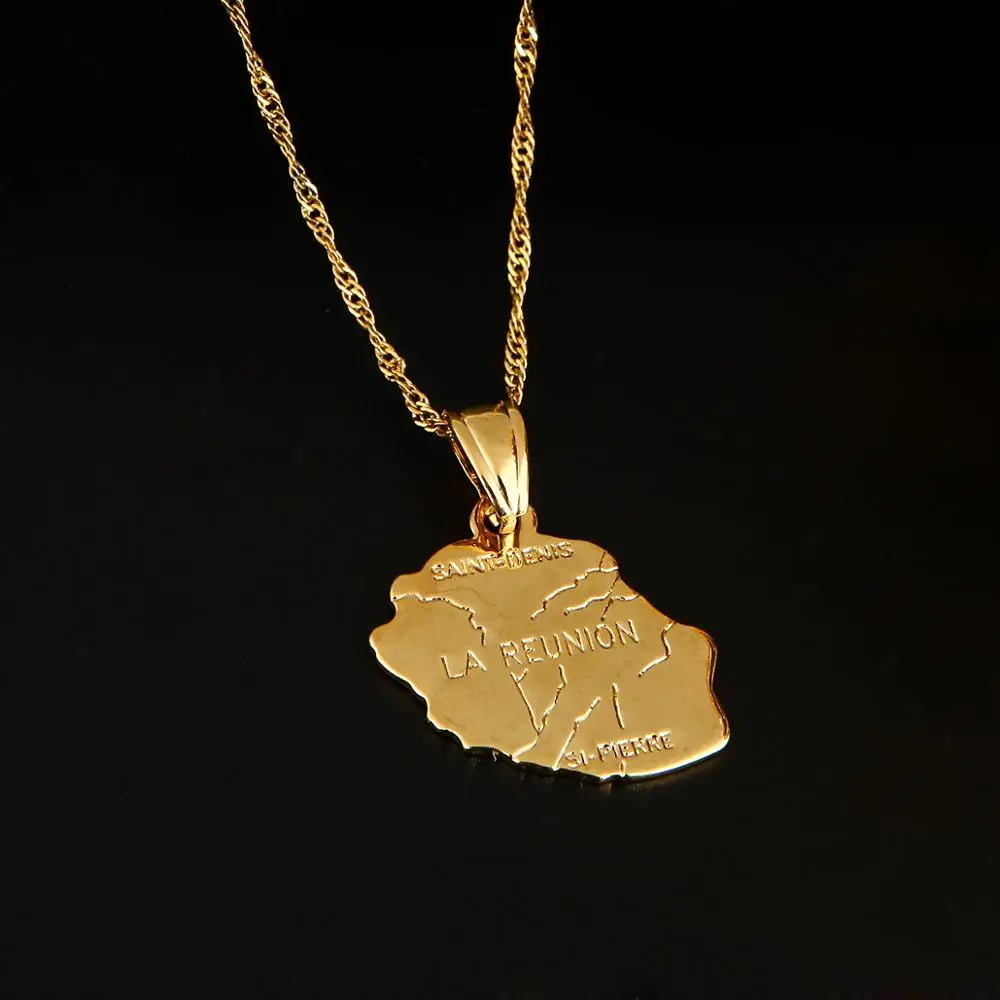 Gold Color La Reunion Map Pendant Necklace Country Map France Reunion Island Maps Jewelry