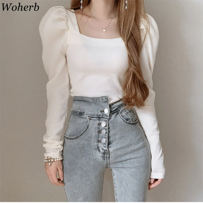 Woherb Chic Square Collar Puff Sleeve Vintage Thin Pullover Slim Fit Pleated Solid Sweater Autumn Spring 2024 New Knit Top