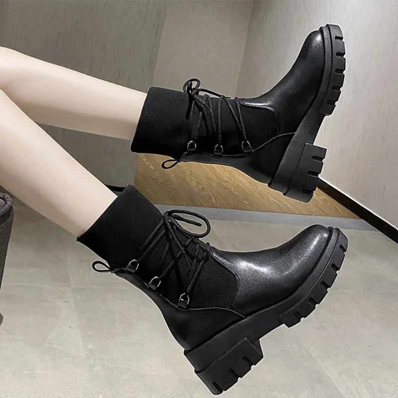 Women\'s Chunky Heels Mid-calf Boots Nice Stretch Fabric Ladies Shoes Female Autumn Footwear Pop Casual Platform Woman Boots