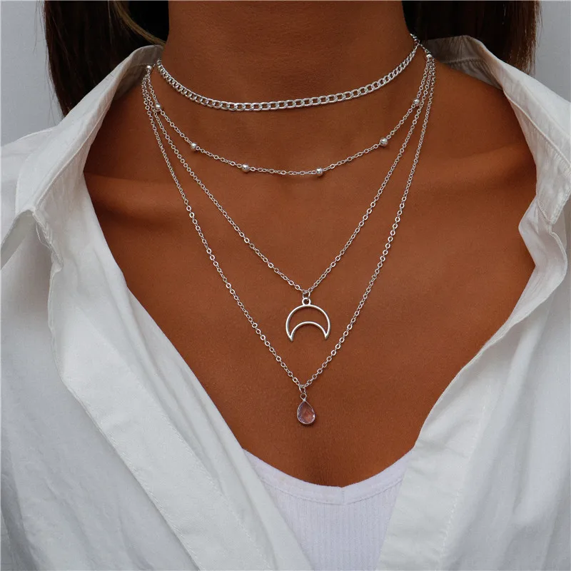 Vintage Mehrschichtige Mond-Münzen-Hamsa-Hand-Kettenhalsketten für Frauen, Boho Elefanten-Herzen-Anhänger Halsketten Schmuck – Detail 12