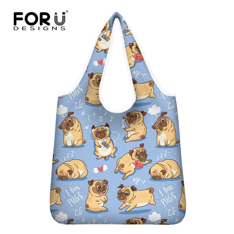 FORUDESIHNS Women Shopping Bag Cute Pug Print Large Eco Reusable Shop Bags  Washable Grocery Tote Folding Supermarket Totes