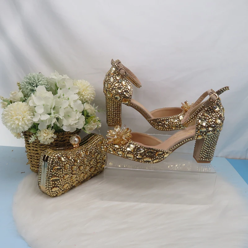 2021 New champagne  crystal Wedding shoes with matching bags Rhinestone high heels ankle strap women party dress shoes