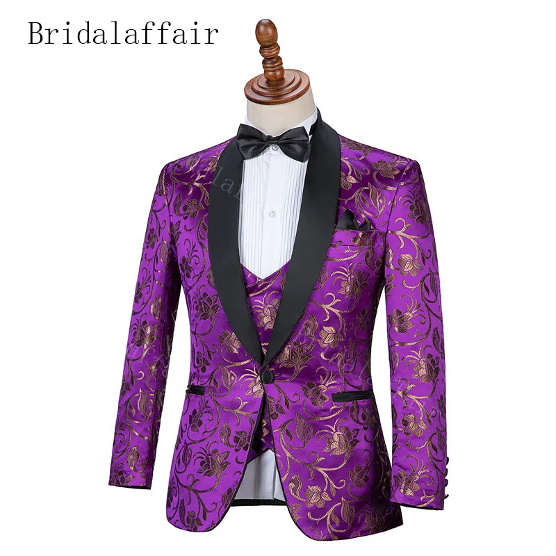 Bridalaffair Men Suits Party Tuxedo with Black Lapel Jacqaurd Blazer Vest Plain Purple Pants Wedding Suits 3 Pieces Elegant Suit