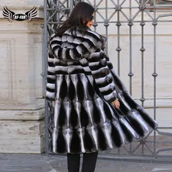 Women Real Fur Jacket Natural Chinchilla Rex Rabbit Fur Coat 100 cm Long Wholeskin Thick Genuine Rex Rabbit Fur Coats Winter