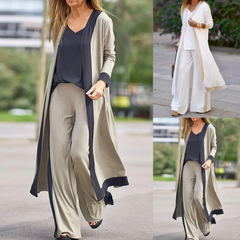 Autumn Winter 1 Set Stylish Cardigan Coat Sling Top Pants Homewear Set Three-Piece Women Outfit Color Block   for Office