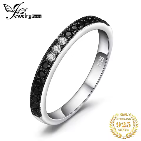 JewelryPalace Natural Black Spinel 925 Sterling Silver Band Wedding Engagement Ring for Women Trendy Gift Stackable Fine Jewelry