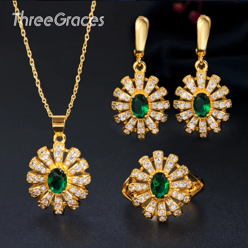 

ThreeGraces Dubai Gold Color Green Cubic Zircon Crystal Lovely Flower Pendant Necklace Earrings Sets Women Party Jewelry JS505