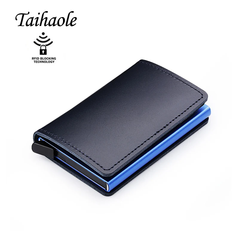 

2020 RFID Blocking 100% Genuine Leather Credit Card Holder Aluminum Metal Business ID Cardholder Slim Card Case Mini Walle