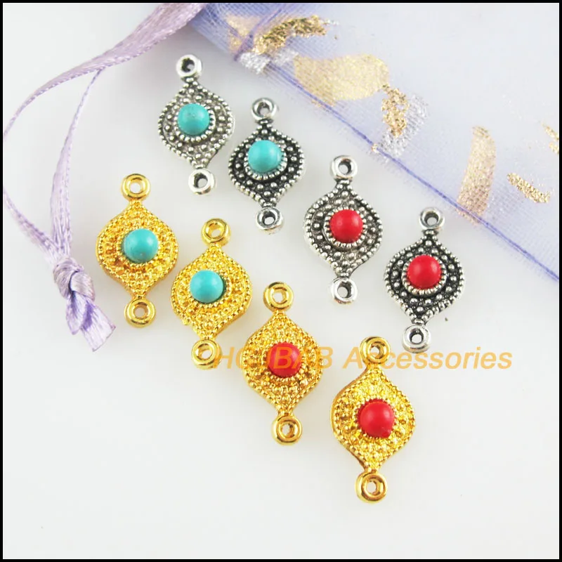 25Pcs Tibetan Silver Tone Gold Color Flower Red & Blue Stone Eyes Charms Connectors 8x16mm