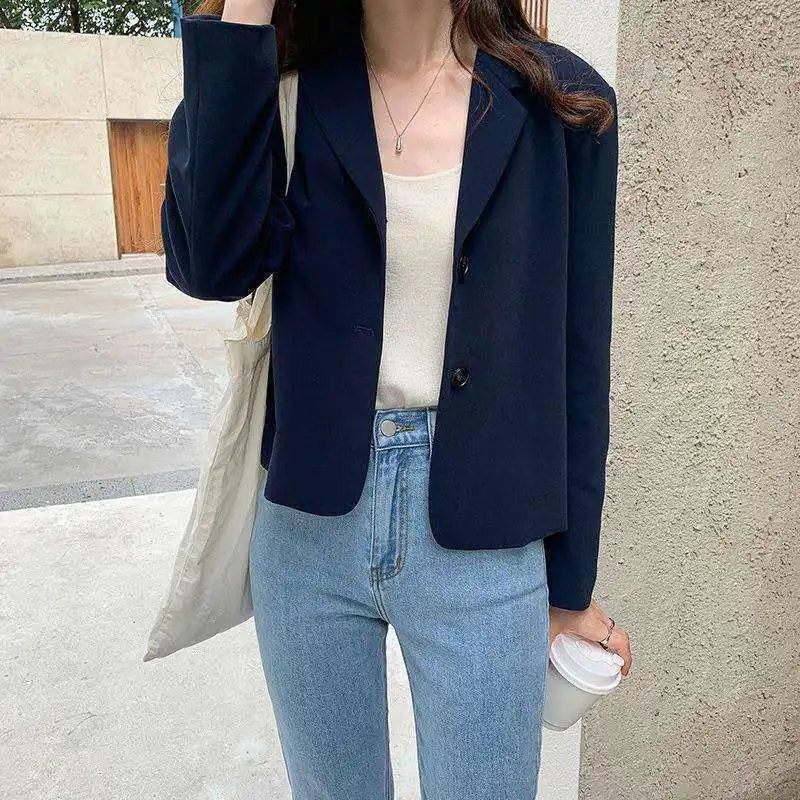 Blazer Wanita Solid Single Breasted Pendek All-Match Mantel Sederhana Elegan Lengan Panjang Santai Musim Semi Blazer Mode Gaya Korea