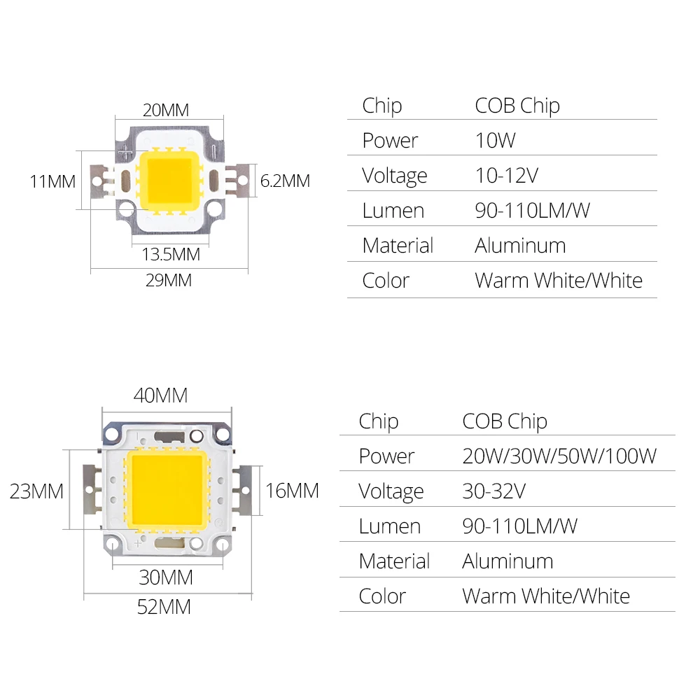 5pcs 10W 20W 30W 50W 100W COB LED Chip DC 9-12V 30-36V Integrated Matrix Diode Beads DIY Floodlight Spotlight High Power