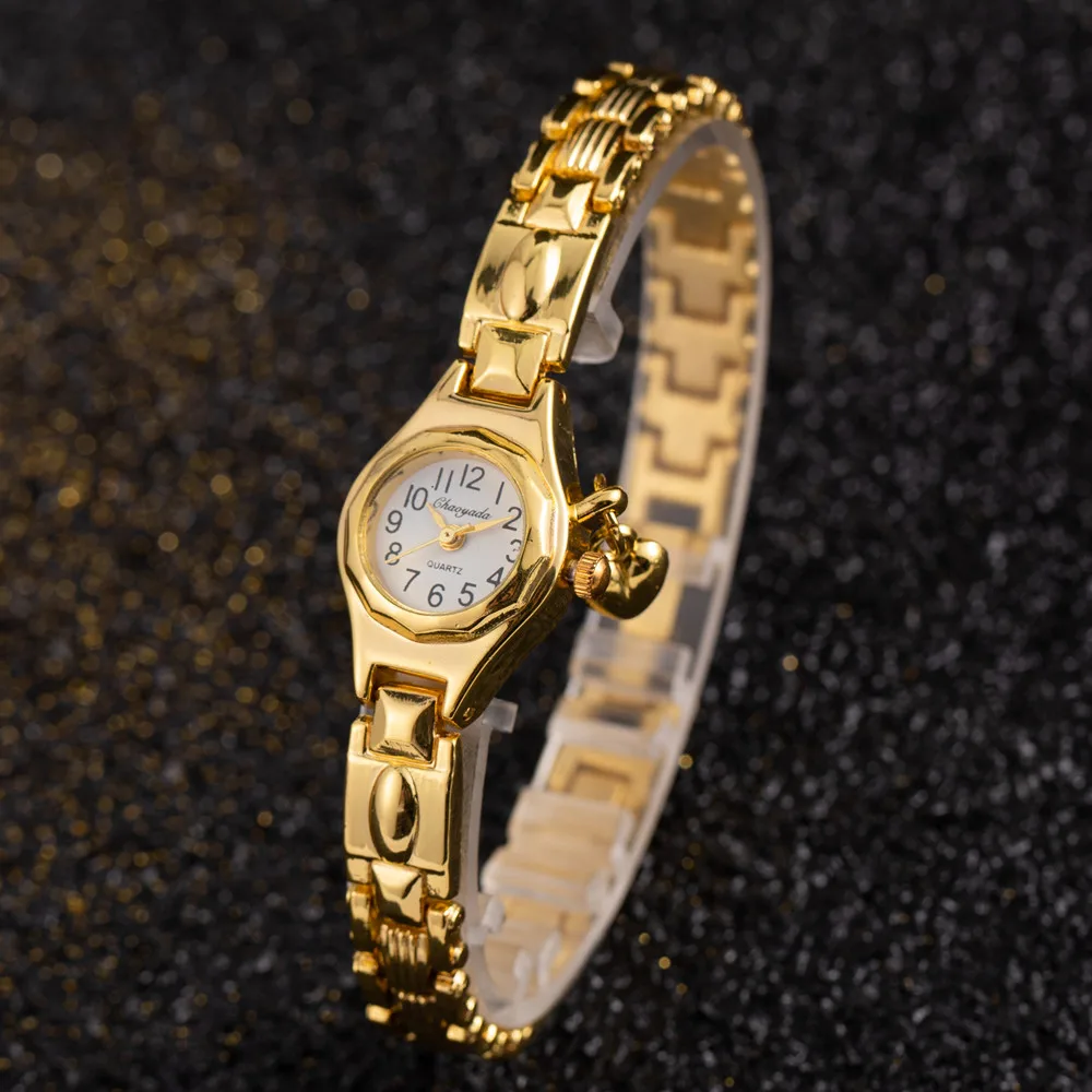 Women\'s Wristwatch Gold Bracelet Small Dial Elegant Watch with Heart Pendant Female Ladies Stainless Steel Wrist Watch for Women