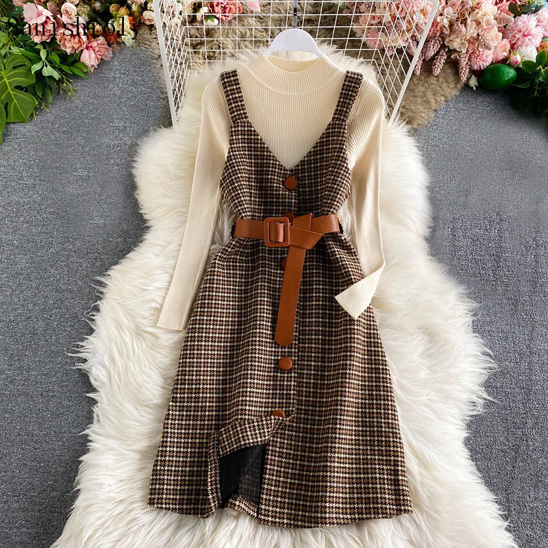 

Two Piece Set New Autumn Women's Suit Long Sleeve Pullover Sweater Sashes Woolen Dress Female Long Plaid tank Dress Suits SE1130