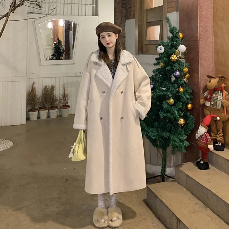 Lamb Wool Stitching Coat British Style Over The Knee Wild Fashion Warm Double-breasted Winter Woolen Coat Women Fashion Parker