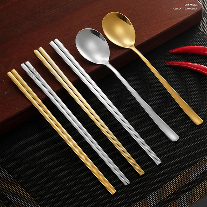 304 Stainless Steel Chinese Chopsticks Gold Silver Spoon Tableware Food Noodles Sushi Chopsticks Kitchen Tableware Accessories