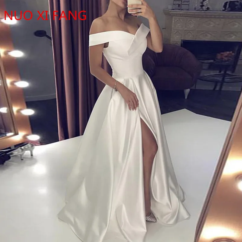 NUOXIFANG Áo Cưới 2022 Satin Lệch Vai Áo Dài Cô Dâu Phải Chia Hở Lưng Đầm Vestido De Noiva Tự Làm Plus Kích Thước