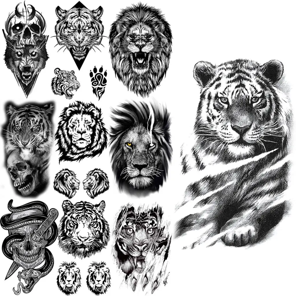 Small Tiger Temporary Tattoos For Men Boys Realistic Lion Skull Snake Dagger Wolf Fake Tattoo Sticker Chest Leg Tatoos Creative